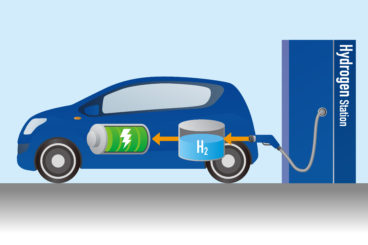 animated picture of a hydrogen fuel car being charged up at a hydrogen station