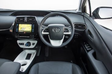 the black interior of the Toyota Prius