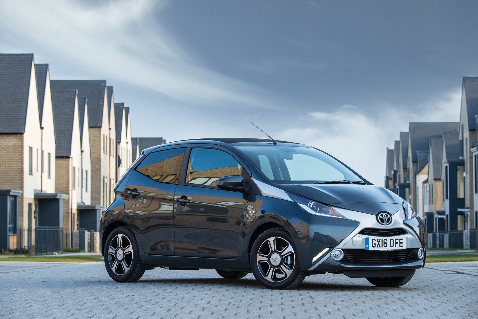Toyota Aygo Dark Metallic parked on road