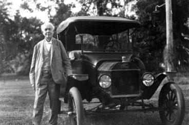 The Edison Model T Ford of 1928, with owner standing beside it