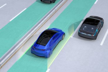animation of a blue car being kept in the right lane by autonomous car