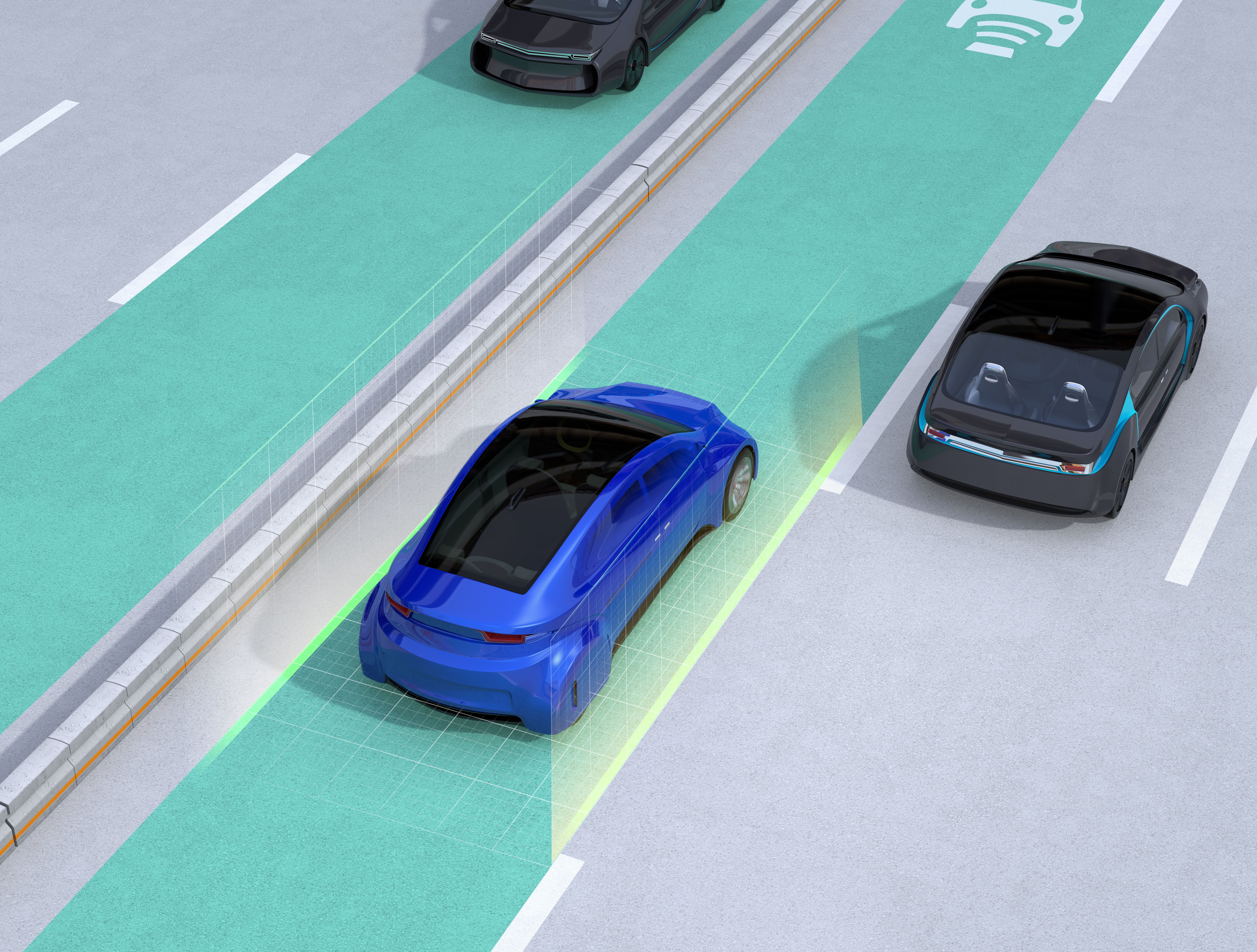 animation of a blue car being kept in the right lane by autonomous car