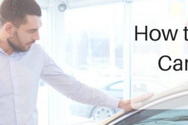 How to Compare Car Leasing Deals title with couple looking at car and talking to car salesman in a dealership