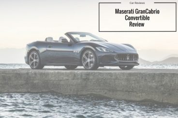 edited picture of a dark colouerd Maserati GranCabrio Convertible parked on concrete dock with sea below the the title Maserati GranCabrio Convertible review