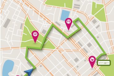 picture of a map with a green route drawn out and pink points of interest dotted across the map
