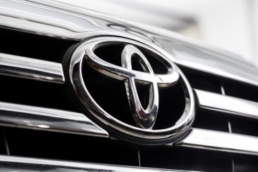 Close up image of the silver toyota badge