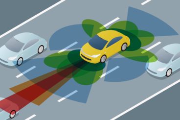 animation of all the sensors and safety systems in the yellow car