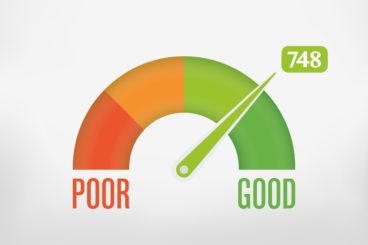 a poor & good scale representing a credit score that showing 748 and the needle in the green area