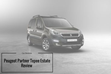 edited picture of a Peugeot partner tepee estate parked on shiny grey floor on grey background with the title peugeot partner tepee estate review