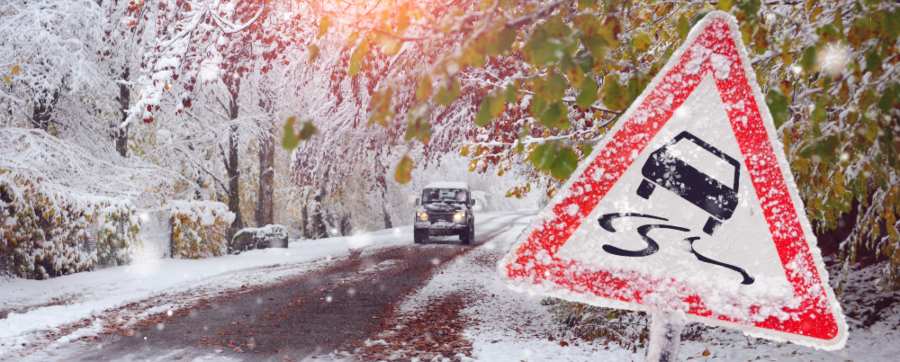 Sign on slippery road