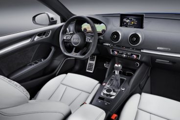 the black and white interior of the Audi RS 3 Sportback