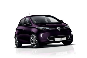 a metallic purple renault zoe isolated on a white background
