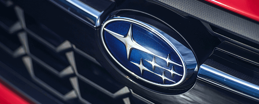 A close-up of the Subaru badging