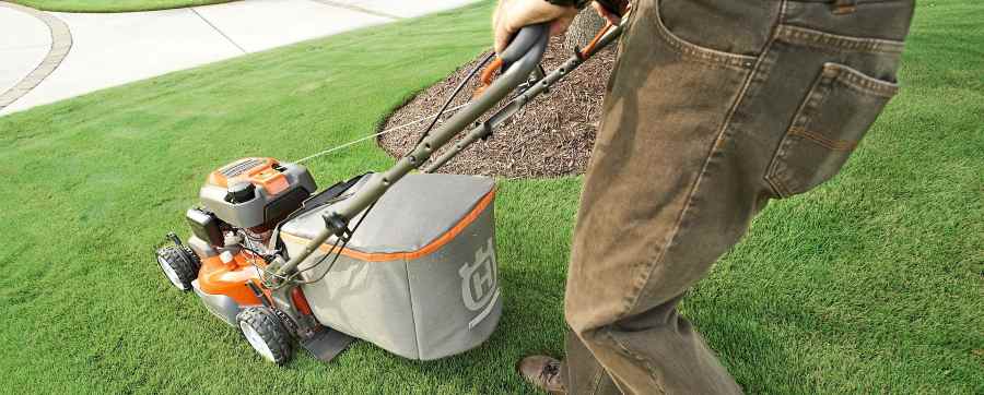 Man mowing well-kept lawn in designed garden