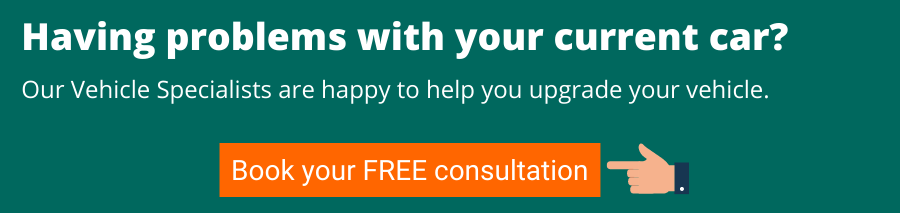 A green image with text that reads "Having Problems with your current car? Our Vehicle Specialists are happy to help you upgrade your vehicle." Then there is an orange button with text that reads "Book your FREE Consultation". This has a finger pointing to the button. This button links to a page to book a consultation with a vehicle specialist.