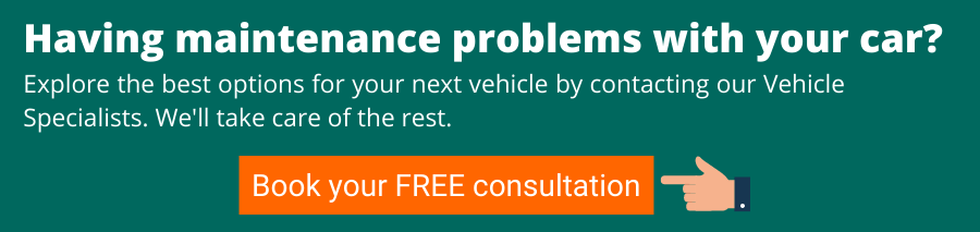 A green image with text that reads "Having maintenance problems with your car? Explore the best options for your next vehicle by contacting our Vehicle Specialists. We'll take care of the rest." Then there is an orange button with text that reads "Book your FREE Consultation". This has a finger pointing to the button. This button links to a page to book a consultation with a vehicle specialist.