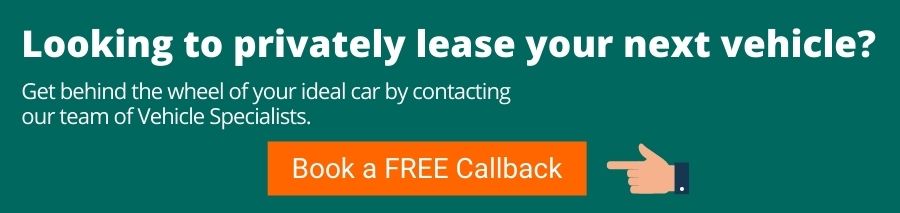 Green background with white text that reads Looking to privateky lease your next vehicle? Get behind the wheel of you ideal car by contacting our team of Vehicle Specialists. Underneath is an orange button with white text that reads Book a FREE callback. On the right of it is a hand pointing towards the orange button