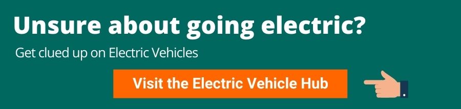 Green background with white text that reads Unsure about going electric? Get clued up on Electric Vehicles. Underneath is an orange button with white text that reads Visit the Electric Vehicle Hub. On the right of this is a hand point to the button This takes the user to the EV hub where they can learn more about Polestar cars and other electric cars