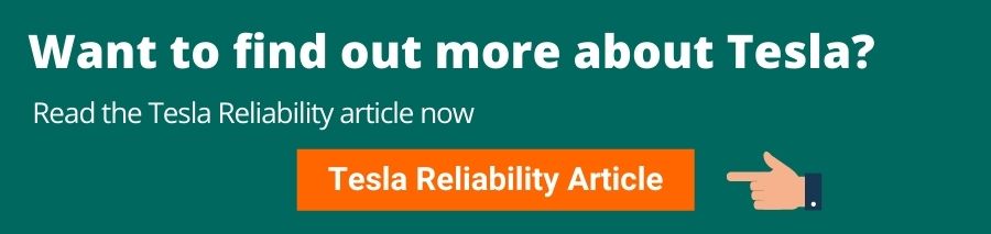 Green background with white text that reads Want to find out more about Tesla? Read the Tesla Reliability article now. Underneath is an orange button with white text that reads Tesla Reliability Article On the right of this is a hand point to the button this takes the user to an article outlining reliability of Tesla a rival of polestar 2