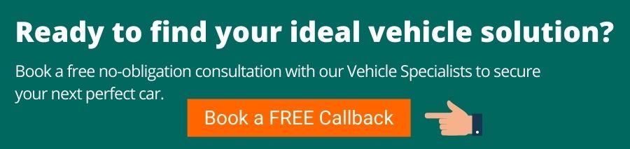 Green background with white text that reads Ready to find your ideal vehicle solution? Book a free no-obligation consultation with our Vehicle Specialists to secure your next perfect car. Underneath is an orange button with white text that reads Book a FREE callback. On the right of it is a hand pointing towards the orange button