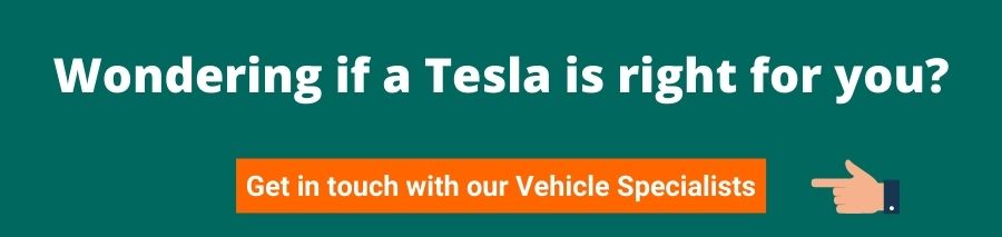 Green background with white text that reads wondering if a tesla is right for you There is an orange button below with white text that read get in touch with our vehicle specialists on the right of this there is a hand pointing towards it - polestar 2 vs article