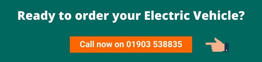 Green background with white text that reads Ready to order your Electric Vehicle? Underneath is an orange button with white text that reads Call now on 01903 538835 On the right of this is a hand point to the button
