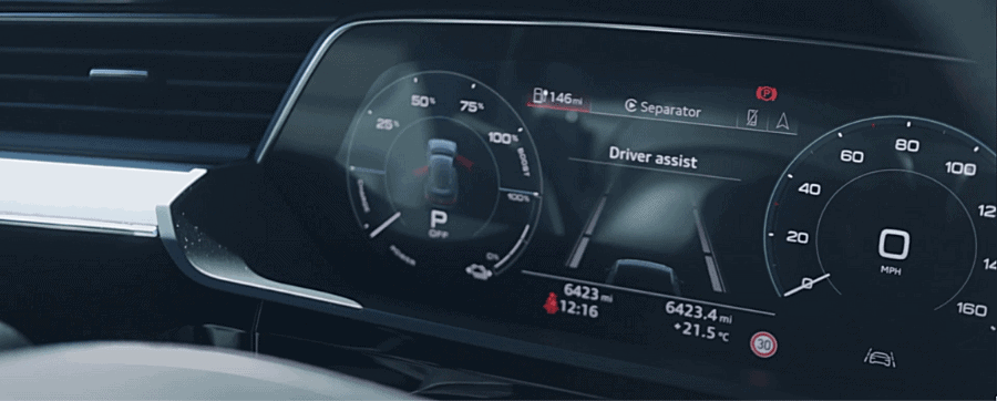 The virtual cockpit of the Audi e-tron, featuring information needed when driving.