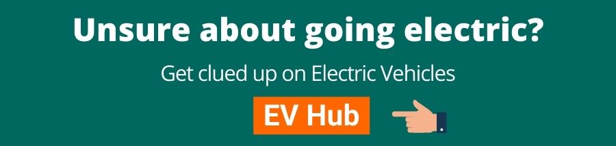 Green background with white text that reads unsure about going electric get clued up on electric vehicles underneath is an orange button with white text that reads ev hub on the right of this is a hand pointing to the button - phase out of ice cars article