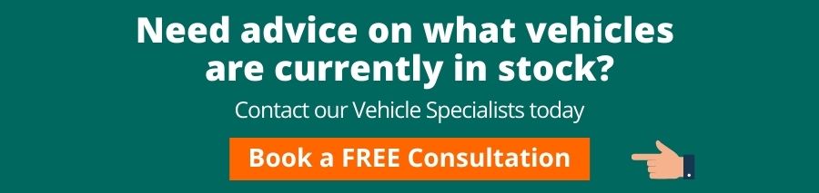Green background with white text that reads need advice on what vehicles are currently in stock question mark underneath reads contact our vehicle specialists today underneath is an orange button with white text that reads book a free consultation on the right of this is a hand pointing to the button