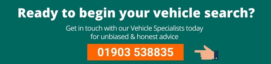 Green background with white text that reads Ready to begin your vehicle search? Get in touch with our Vehicle Specialists today for unbiased and honest advice Below is a hand pointing to an orange button with white text that reads 01903 538835 this connects the user to a vehicle specialist where they can talk about car enquiries