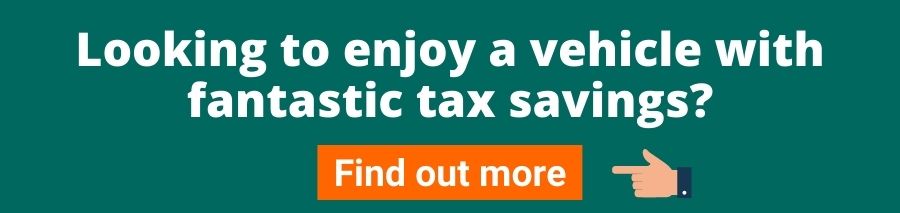 Green background with white text that reads looking to enjoy a vehicle with fantastic tax savings underneath is an orange button with white text that reads find out more on the right of this is a hand pointing to the button - phase out of ICE cars article