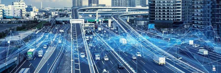 Graphic image of a multiple motorway lanes crossing over each other with a digital visual network of blue microchip shortage