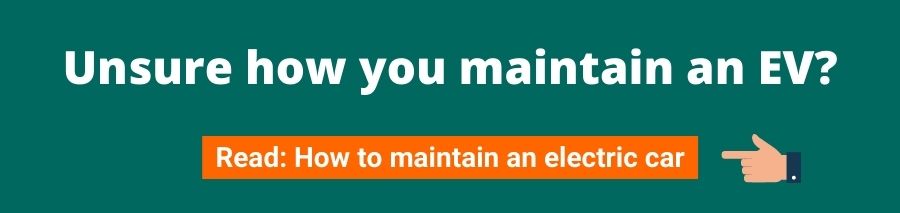 Green background with white text that reads unsure how you maintain an EV? below is an orange box with white text that reads read: how to maintain an electric car on the right is a hand pointing at the orange button