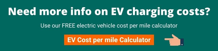 Green background with white text that reads need more info on ev charging costs? use our free electric vehicle cost per mile calculator below is an orange box with white text that reads ev cost per mile calculator on the right is a hand pointing at the orange button