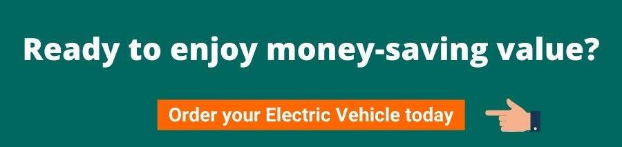 Green background with white text that reads ready to enjoy money-saving value? below is an orange box with white text that reads order your electric vehicle today? on the right is a hand pointing at the orange button