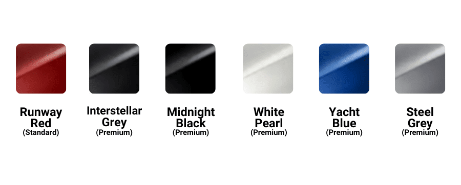 The e-Niro Colour Options: Runway Red (Standard), Interstellar Grey, Midnight Black, White Pearl, Yacht Blue, Steel Grey (Premium)