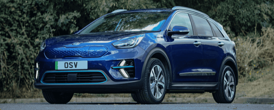 The Kia e-Niro parked up showing off the front and side of the car