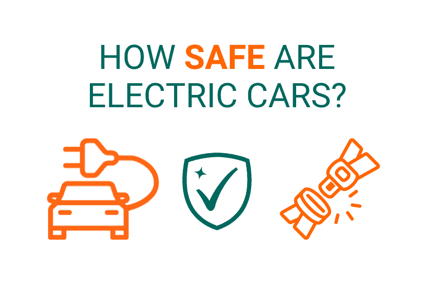 green and orange text that reads how safe are electric cars below are three icons an electric car a tick in a shape and a seat belt
