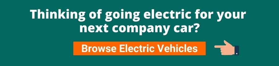 Green background with white text that reads thinking of going electric for you next company car? below is an orange button with white text that reads browse electric vehicles on the right there is a hand pointing to the orange button