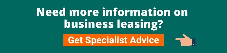 Green background with white text that reads need more information on business leasing? below is an orange button with white text that reads get specialist advice on the right there is a hand pointing to the orange button