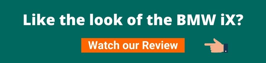 Green background with white text that reads like the look of the bmw ix? underneath is an orange button with white text that reads watch our review there is a hand pointing to the orange button on the right
