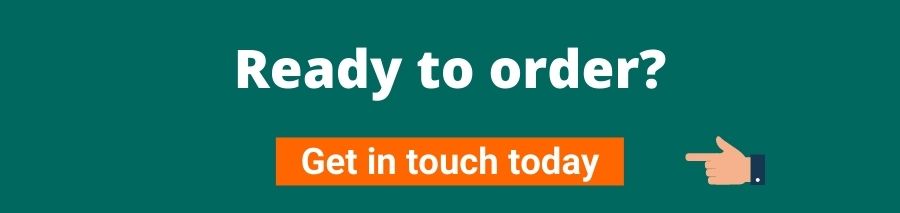 Green background with white text that reads Ready to order? Below is an orange button with white text that reads get in touch today on the right of the button is a hand pointing towards it
