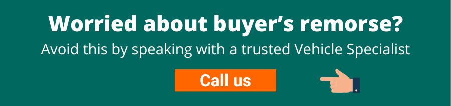 Call to action image for cheap personal car lease deals article showing a Green background with white text that reads worried about buyer's remorse? Avoid this by speaking with a trusted Vehicle Specialist. Below is an orange button with white text that reads Call us