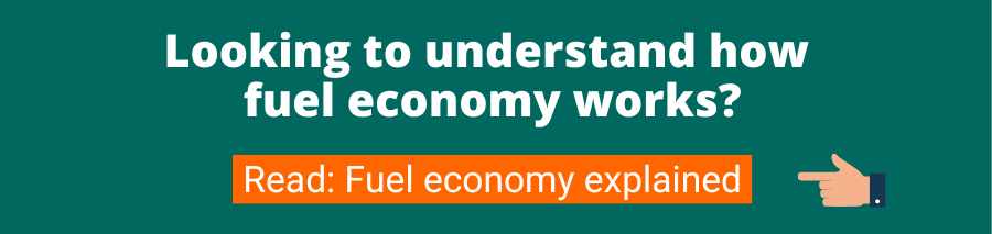 Green background with white text that reads Looking to understand how fuel economy works? Below is an orange button with white text that reads read: fuel economy explained when clicking on this button the user is led to an article about fuel economy explained including a few tips on how to save fuel while driving