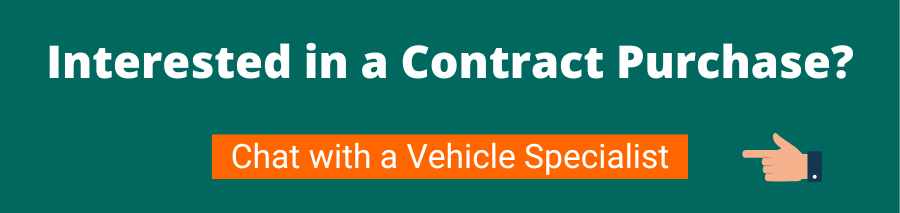 Green background with white text that reads Interested in a contract purchase? Below is an orange button with white text that reads chat with a vehicle specialist there is a hand pointing to it. This button will take the user to a page where they can fill in a form or call a number for further information on car finance explained