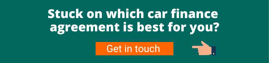 Green background with white text that reads Stuck on which car finance agreement is best for you? Below is an orange button with white text that reads get in touch there is a hand pointing to it. This button will take the user to a phone number where they can call for further information on car finance explained