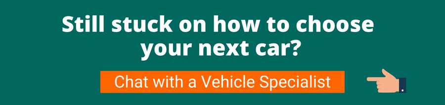 Green background with white text that reads Still stuck on how to choose your next car? Below is a hand pointing to an orange button with white text that reads Chat with a vehicle specialist this link will take you to a phone number where you can get in contact to receive vehicle specialist advice
