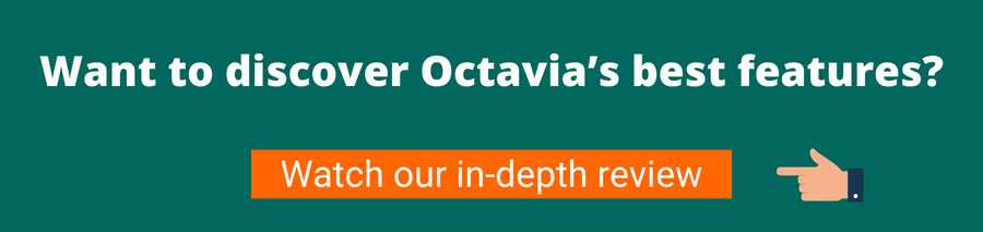 Green background with white text that reads Want to discover Octavia's best features? Below is a hand pointing to an orange button with white text that reads watch our in-depth review This takes the user to a video review of the Skoda Octavia