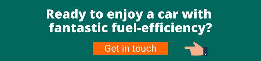 Green background with white text that reads Ready to enjoy a car with fantastic fuel-efficiency? Below is a hand pointing to an orange button with white text that reads Get in touch. This link takes the user to a phone number where you can call 01903 538835 and speak with a Vehicle Specialist to explore the most fuel-efficient cars