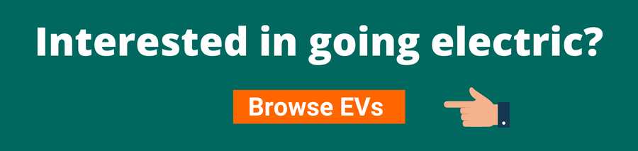 Green background with white text that reads interested in going electric? Below is an orange button with white text that reads browse evs, this link will take the user to a page of electric cars on sale